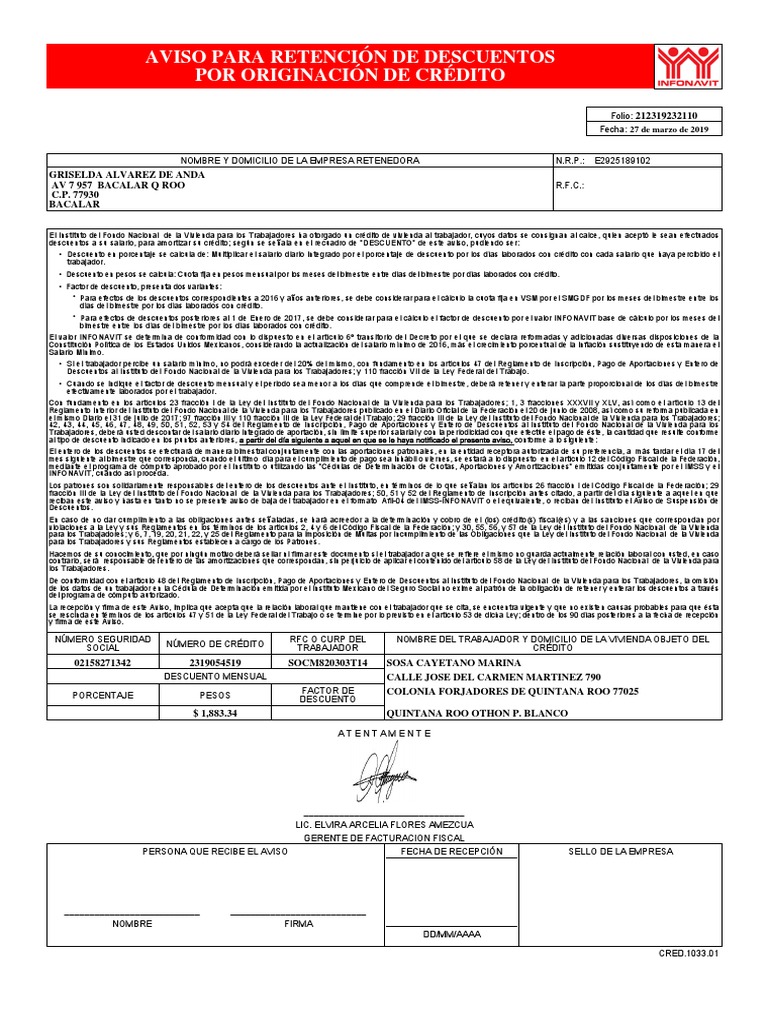 Constancia de Retencion Infonavit PDF Salario mínimo Salario