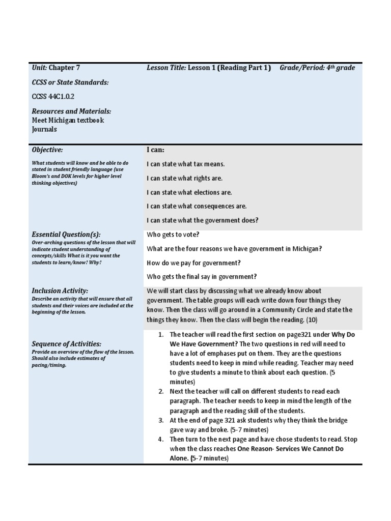 Unit: Chapter 7 CCSS or State Standards: Lesson Title: Lesson 1 ...