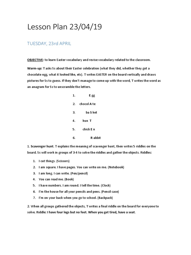 Easter Vocabulary and Idioms Lesson Plan | PDF | Learning | Cognition