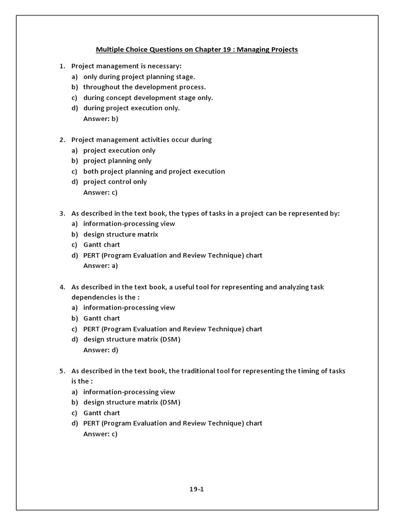 Multiple Choice Questions Chapter 19 Managing Projects Project Management Cognition