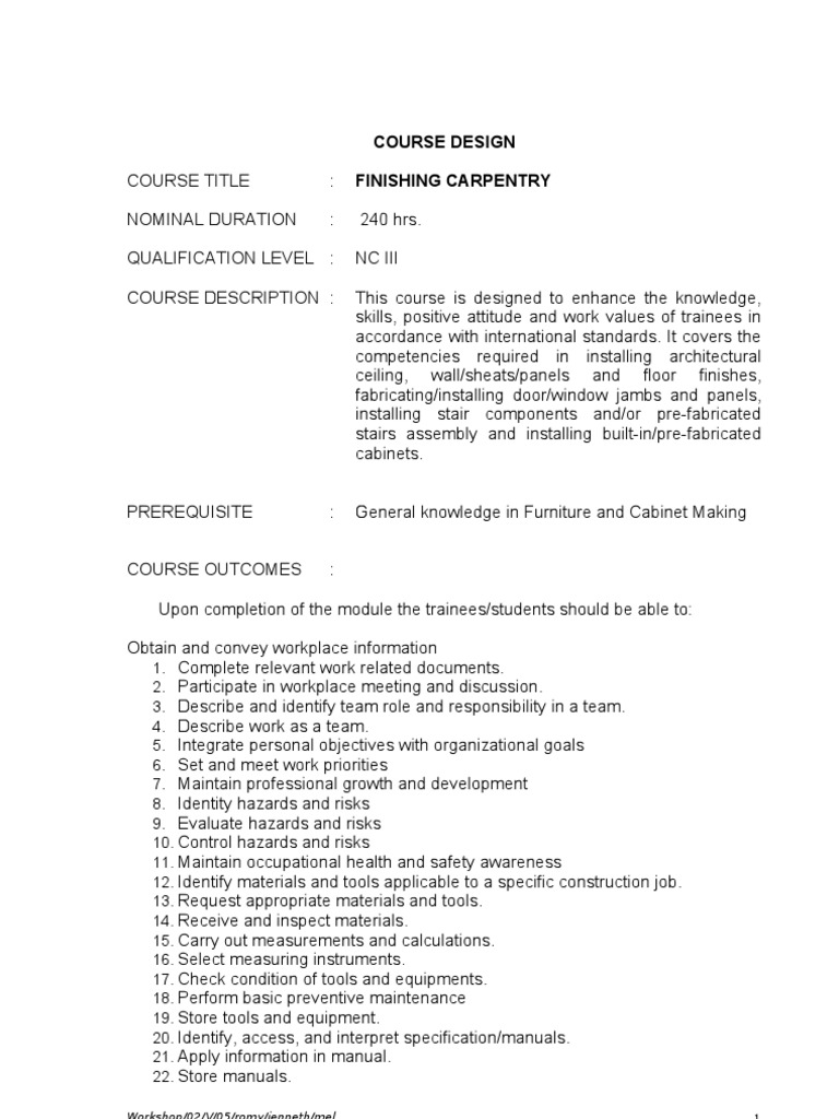 Finishing Carpentry NC III Course | PDF | Competence (Human Resources ...
