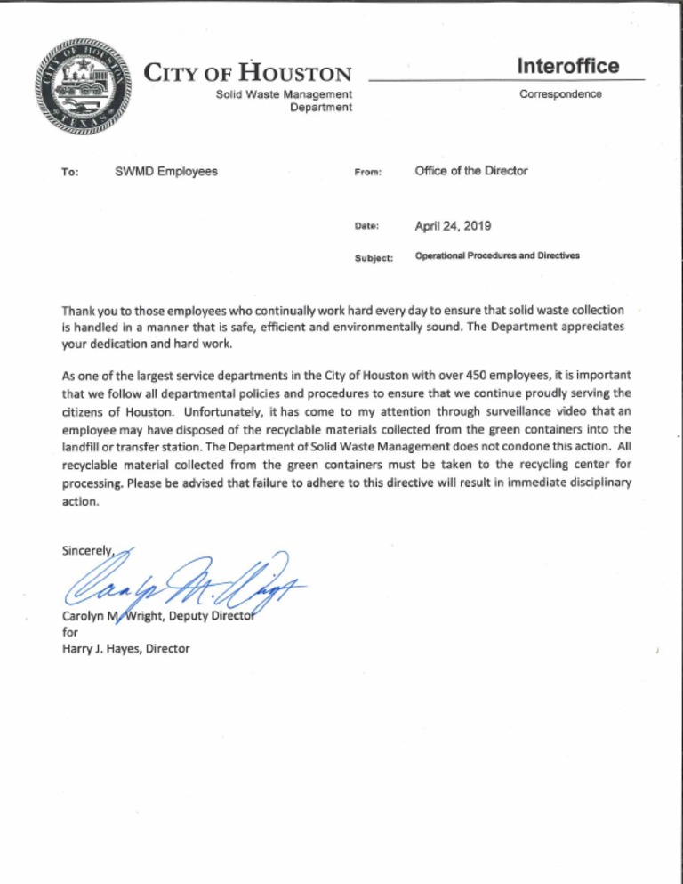 Letter from Solid Waste Department