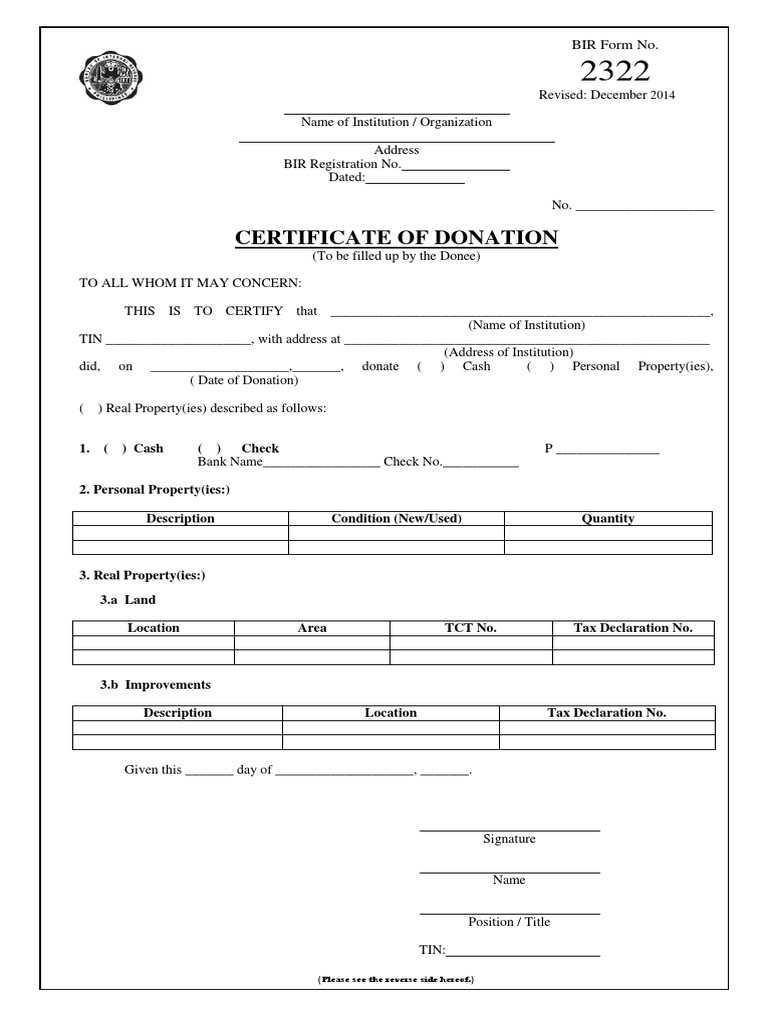 BIR Form 2322: Certificate of Donation | PDF | Book Value | Depreciation