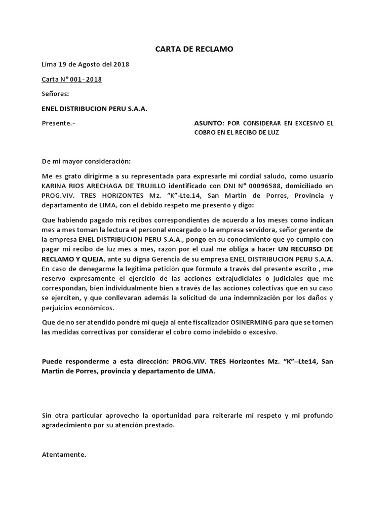 Modelo de carta de reclamo por cobro excesivo | PDF