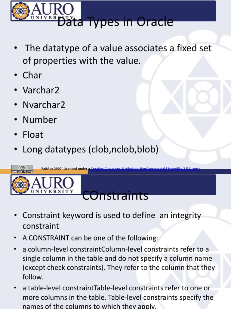 Data Types and Constraints in Oracle | PDF | Pl/Sql | Table (Database)
