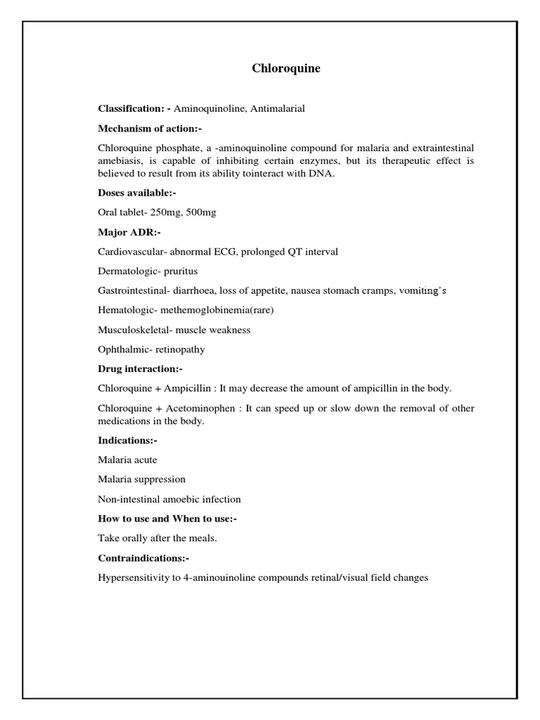 Chloroquine: Classification: - Aminoquinoline, Antimalarial Mechanism ...
