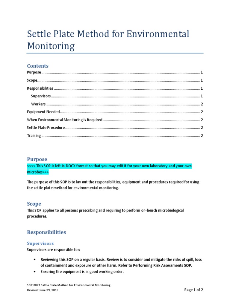 Biosafety Sop 0027 Settle Plate Method Env Monitoring PDF