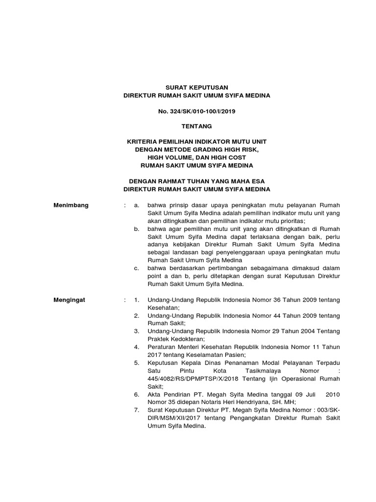 SK Kriteria Pemilihan Indikator Mutu Unit Dengan Metode Grading High ...