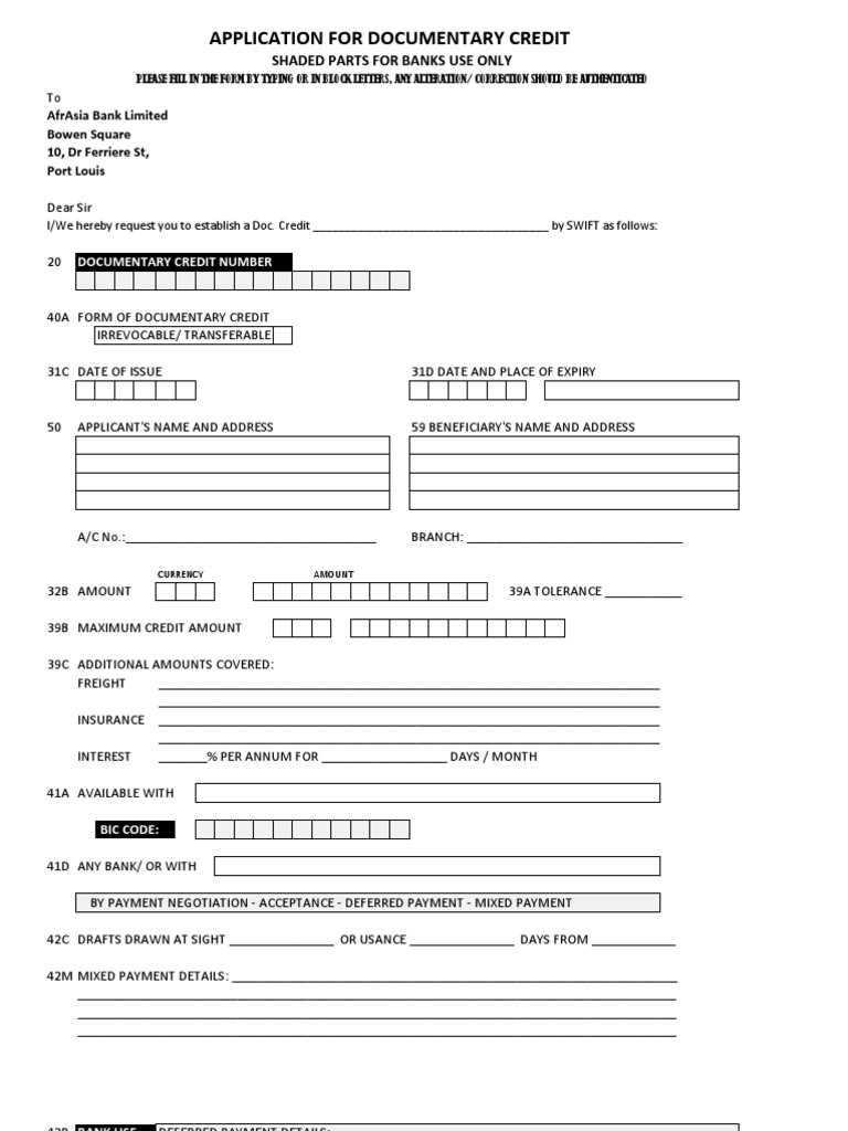 Format LC Application PDF Letter Of Credit Debits And Credits