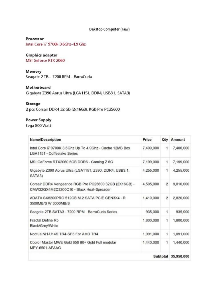 New Intel i7 Desktop PC Build Specs | PDF