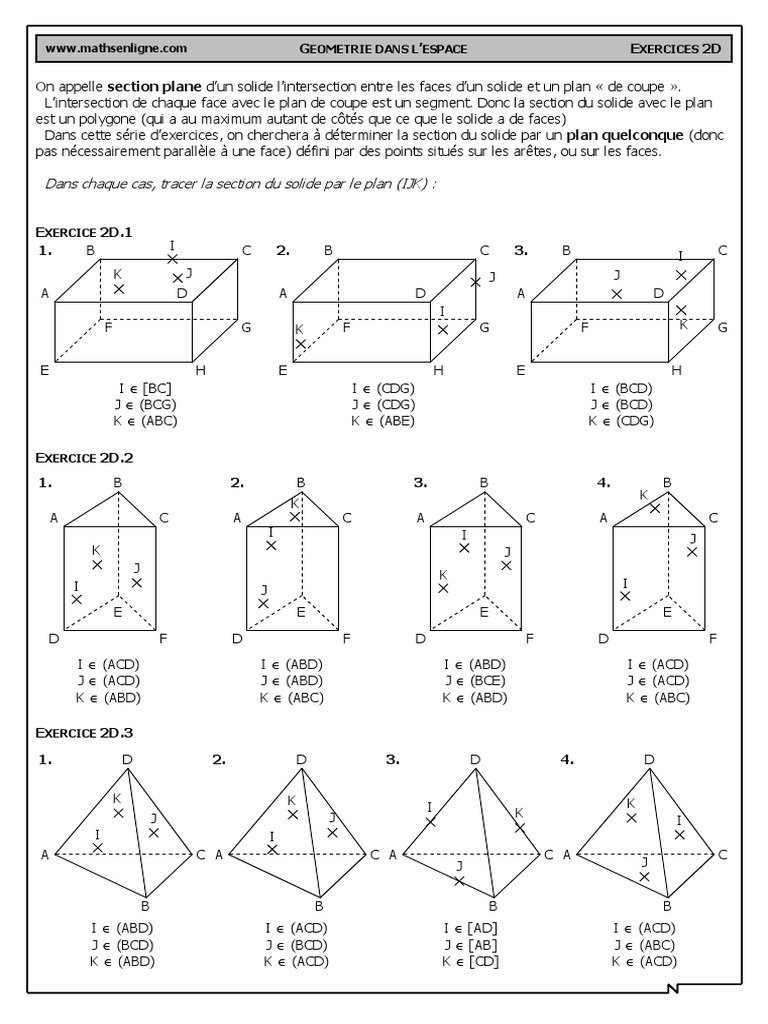 Sections De Solides 3ème Exercices Corrigés Pdf Ex 2D - Sections Planes de Solides (Plan Quelconque) - CORRIGE | PDF | Plan  (Géométrie) | Formes géométriques