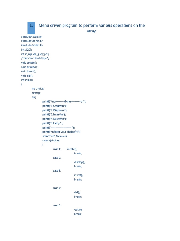 Menu Driven Program To Perform Various Operations On The Array | PDF ...