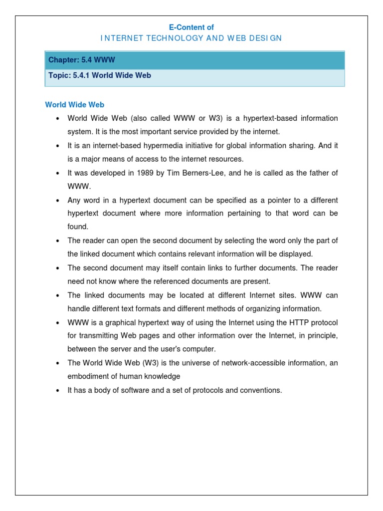 Chapter: 5.4 WWW Topic: 5.4.1 World Wide Web: E-Content of Internet ...