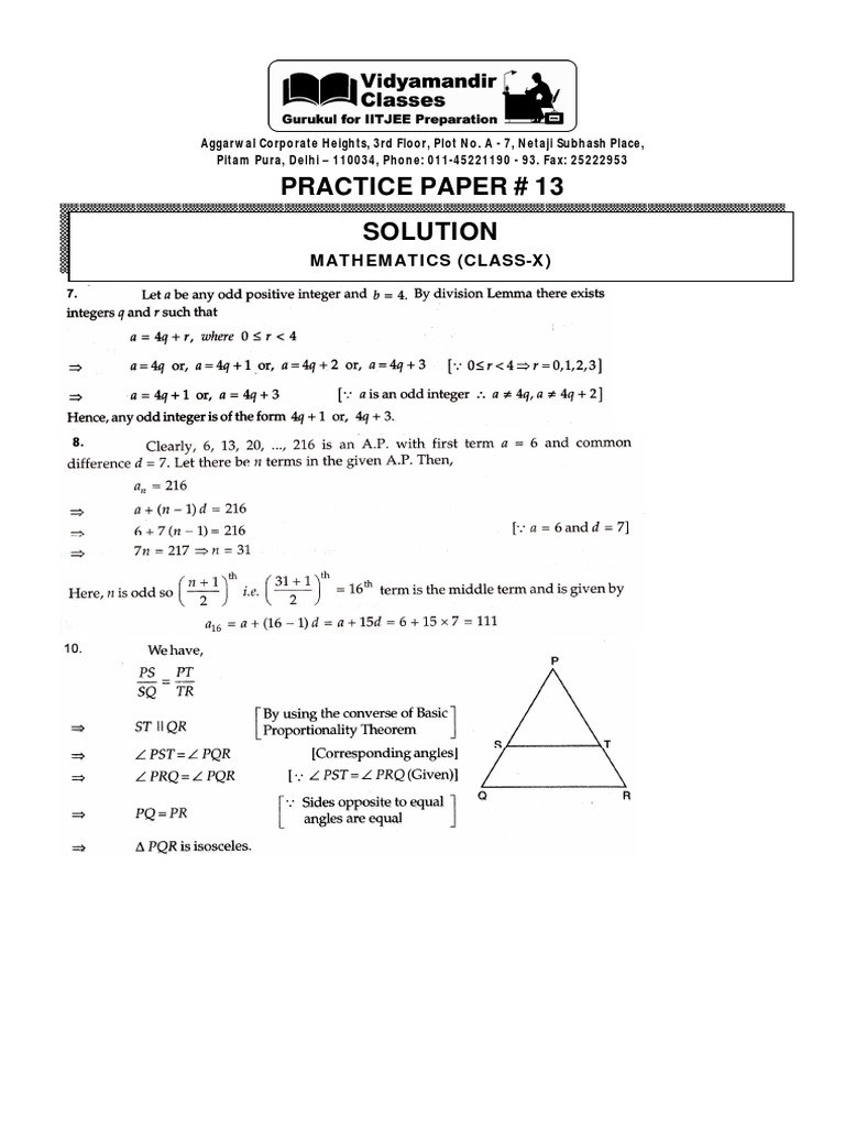 Class X Mathematics Practice Paper Solutions | PDF