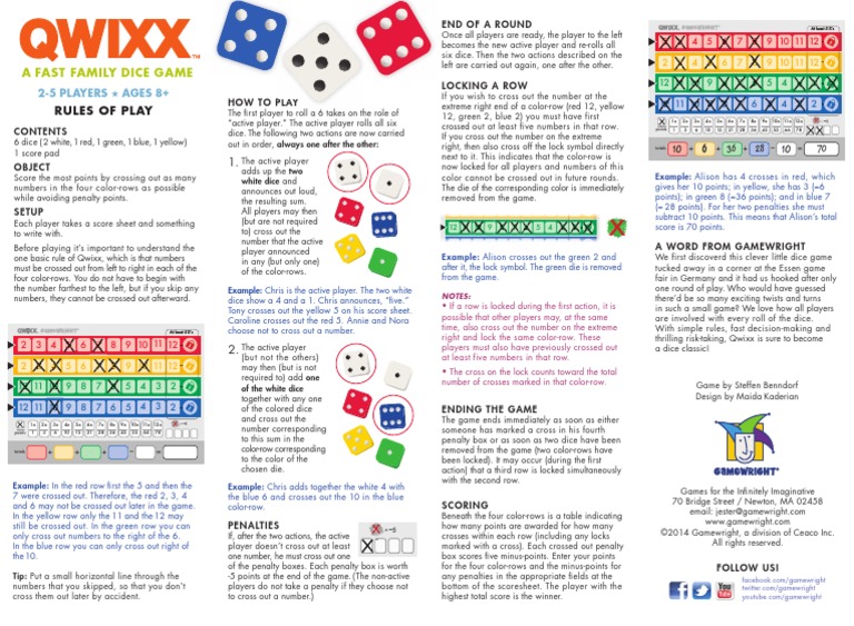Quixx Rules PDF PDF Gaming Leisure Activities