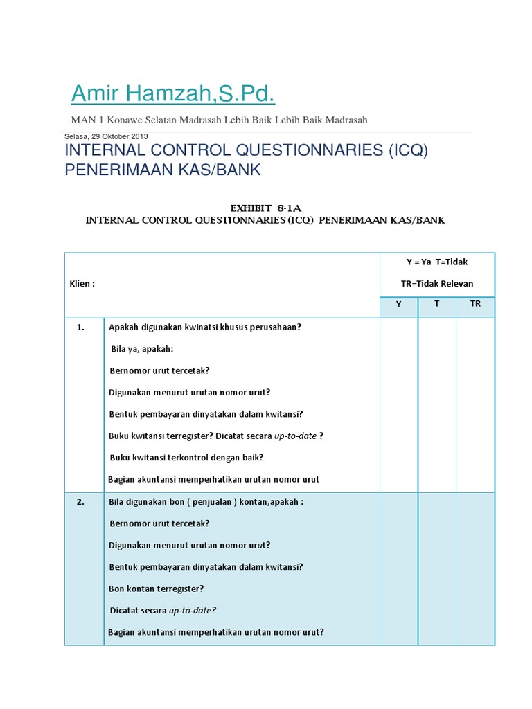 Kuesioner Kontrol Internal Penerimaan Kas | PDF