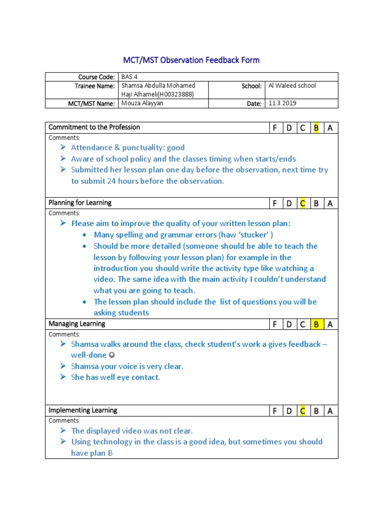 Teacher Observation Feedback | PDF | Lesson Plan | Classroom Management