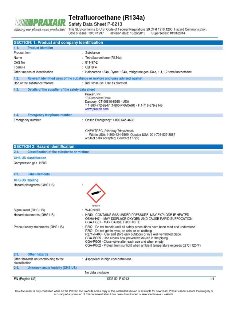 Halocarbon 134a c2f4h2 Safety Data Sheet Sds p6213 Download Free PDF