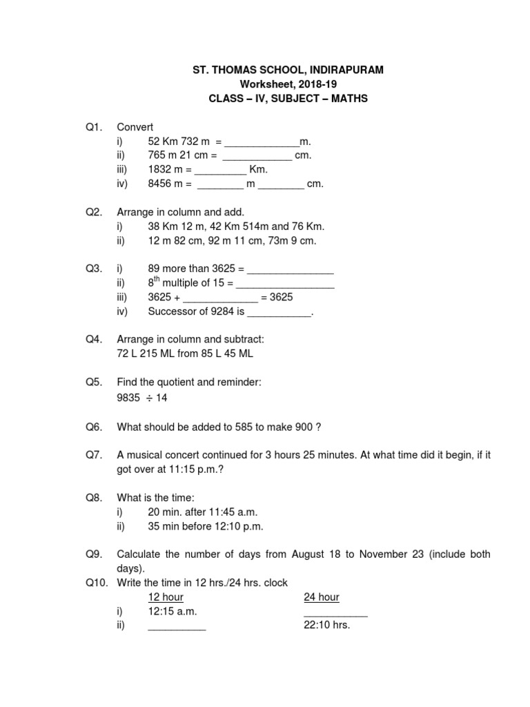 Class 4 Maths Worksheet 2018-19 | PDF