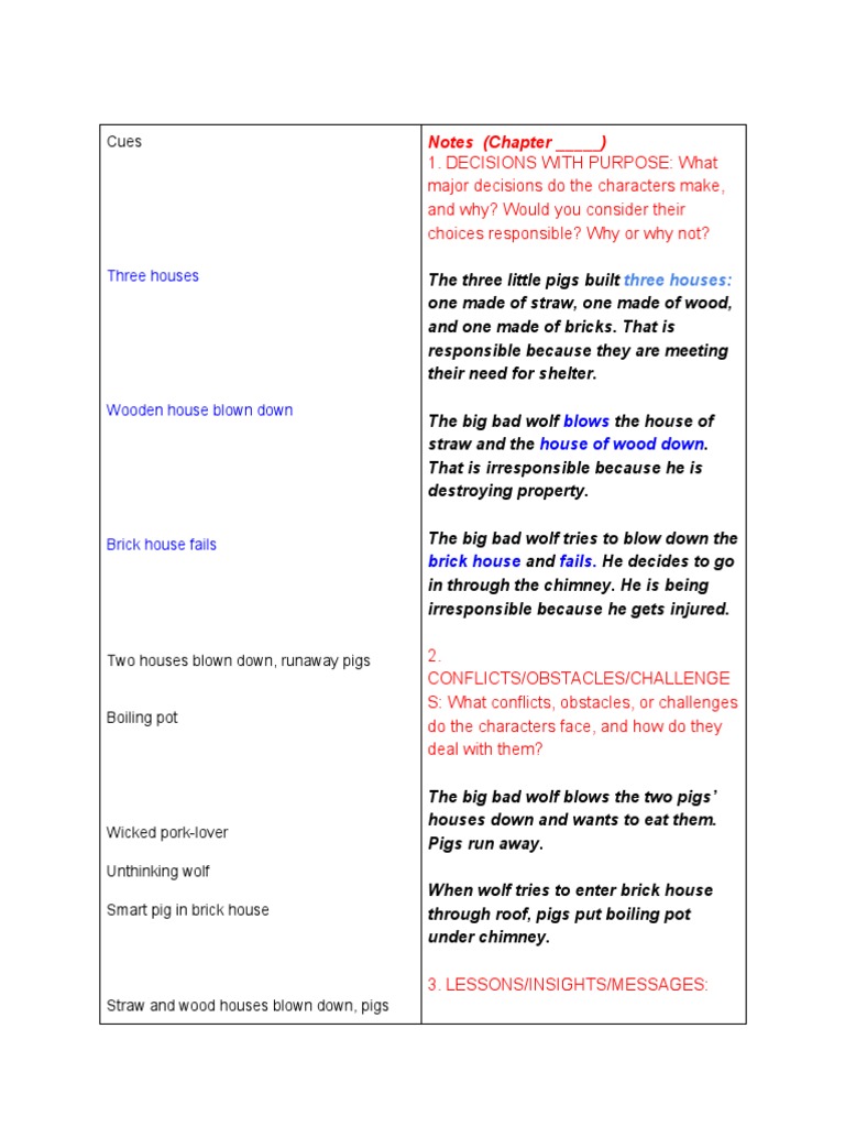 Cornell Notes Sample Three Little Pigs-3 | PDF