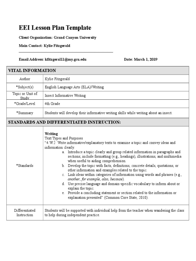 elm 590 evaluation 2 lesson plan on informative writing Lesson Plan Teachers