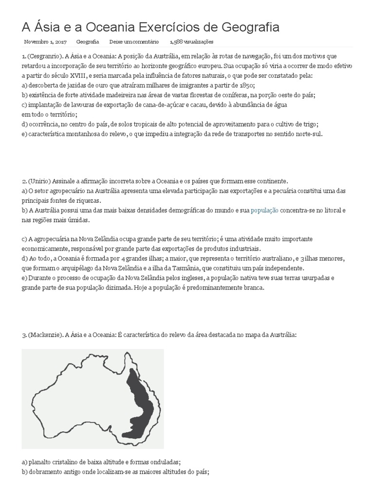 Exercicios Sobre A Asia 9 Ano Com Gabarito