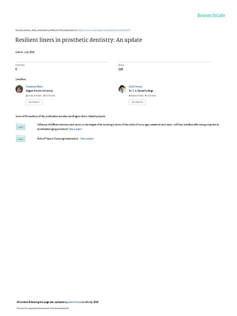 Resilient Liners in Prosthetic Dentistry An Update Article Download