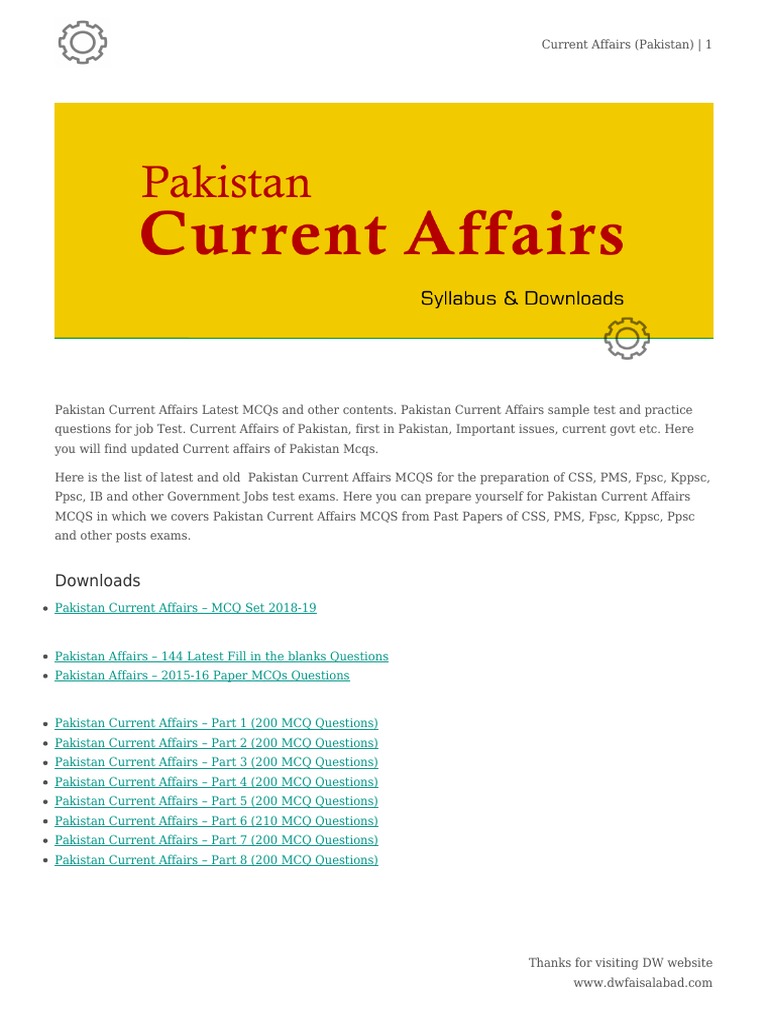 Pakistan Current Affairs MCQs Guide | PDF