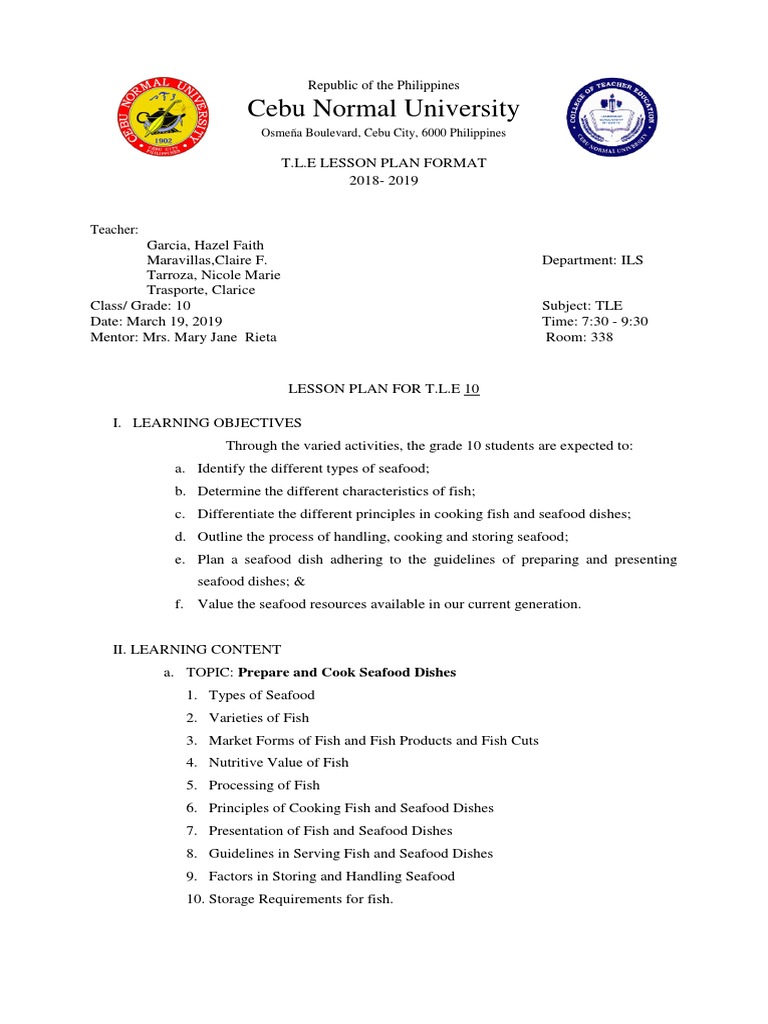 Lesson Plan Seafood Dishes Grade 10 PDF Grilling Shellfish