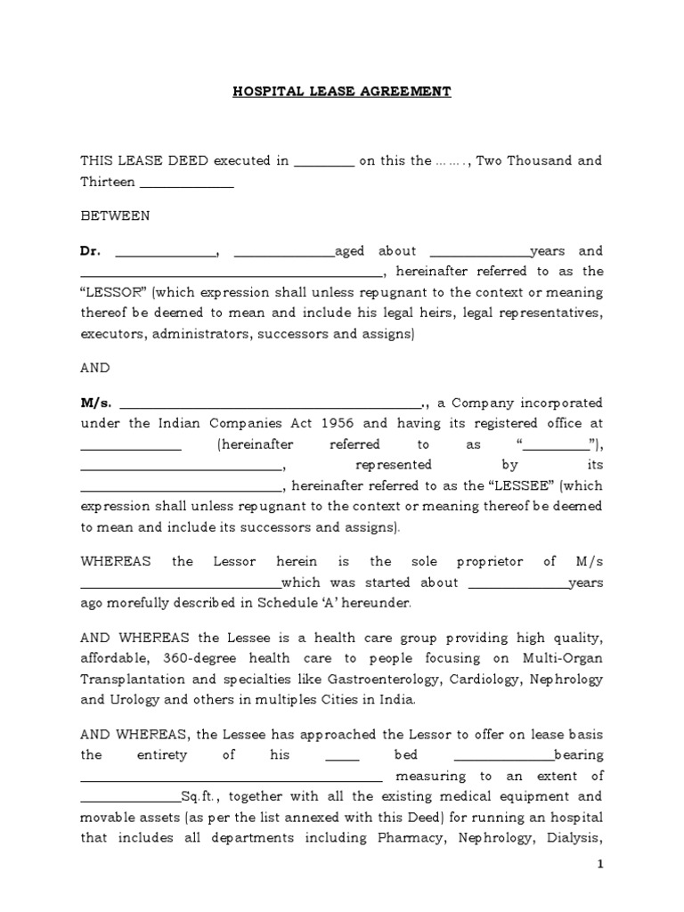 Hospital Lease Agreement Template | PDF | Lease | Indemnity
