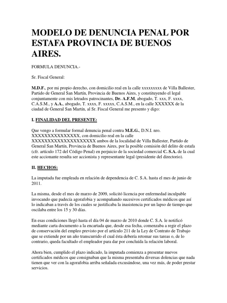 Modelo de Denuncia Penal Por Estafa Provincia de Buenos Aires | PDF |  Justicia | Crimen y violencia