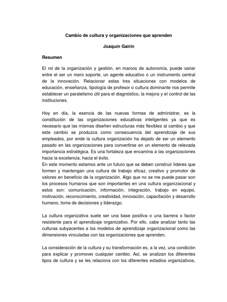 Cambio en la Cultura Organizacional | PDF | Desarrollo organizacional ...