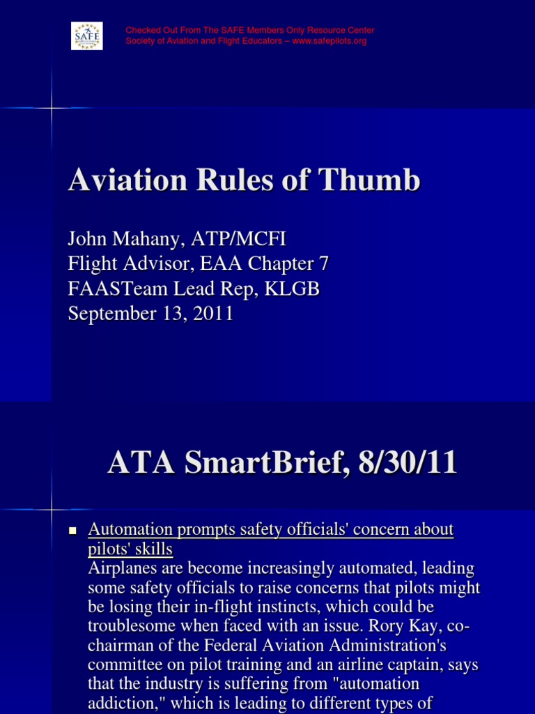 Aviation Rules of Thumb John Mahany, Atp/Mcfi Flight Advisor, Eaa Chapter 7 Faasteam Lead Rep