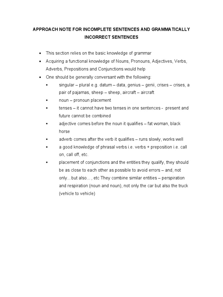 Approach Note For Sentences and Grammatically Incorrect