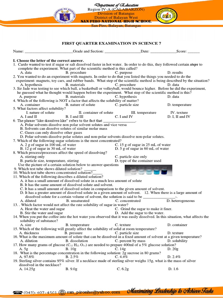 1st Periodic Test in Science | PDF | Solution | Chemical Processes
