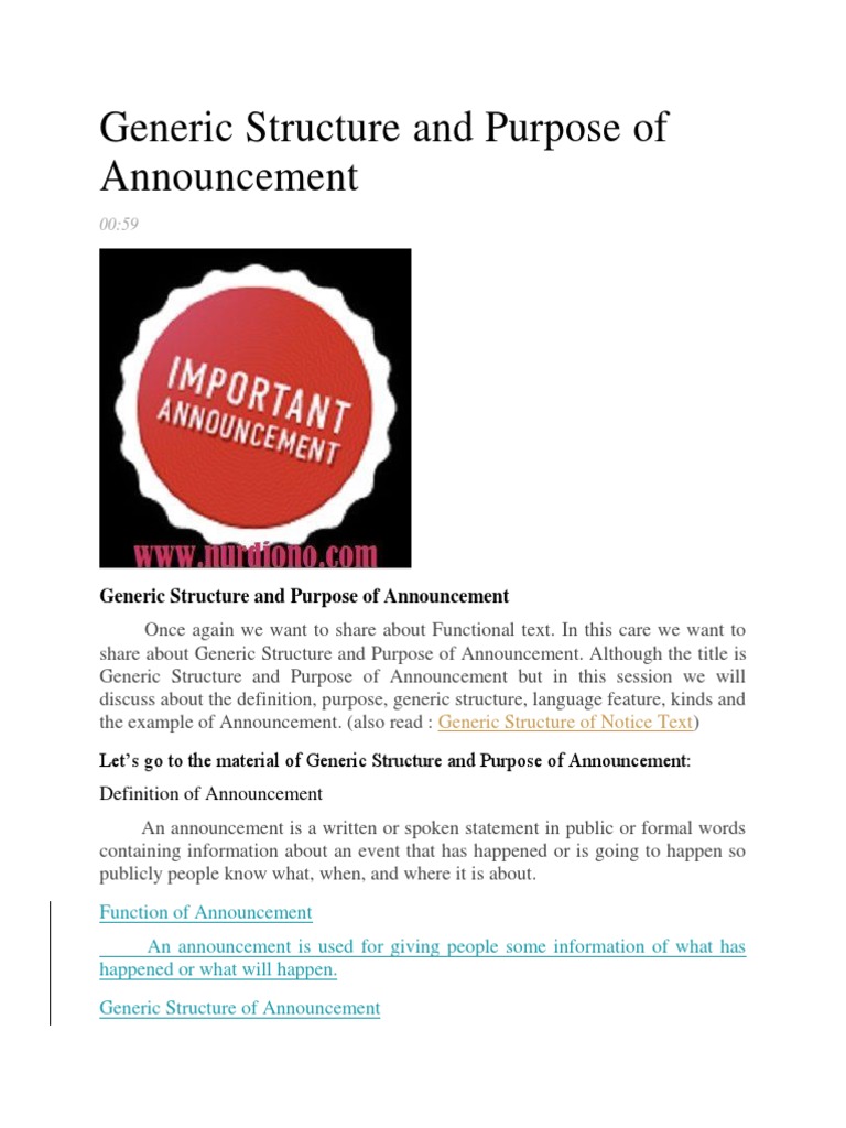 Generic Structure and Purpose of Announcement PDF Syntax Language Mechanics