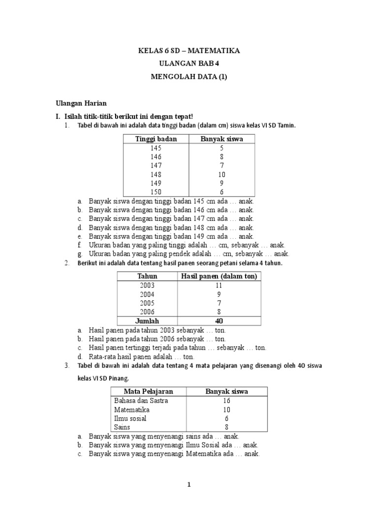 Soal Matematika Kelas 6 Sd Semester I Ulangan Bab 4 Mengolah Data I