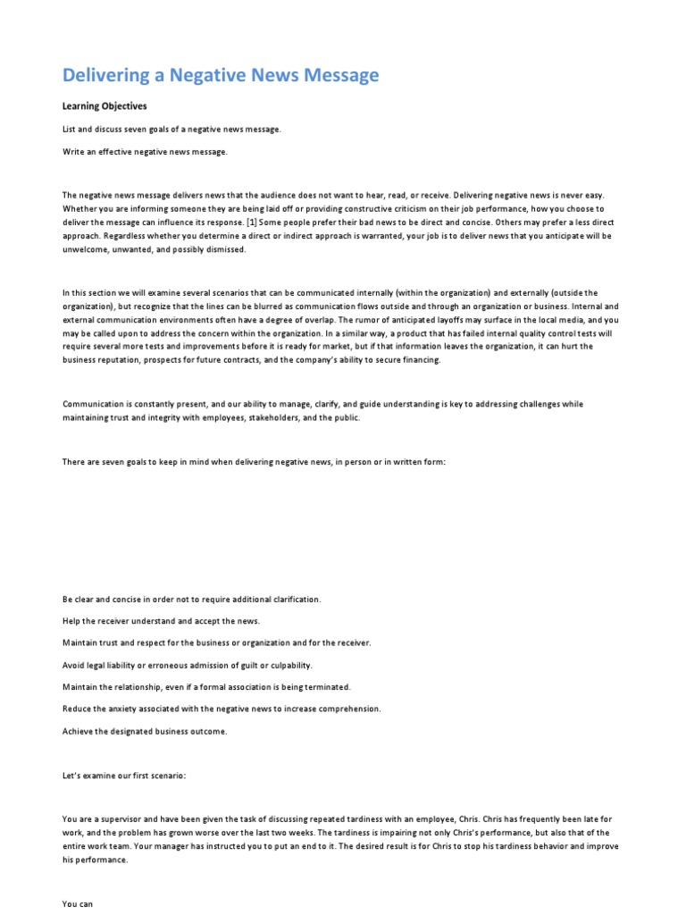 Delivering A Negative News Message PDF | PDF | News | Question