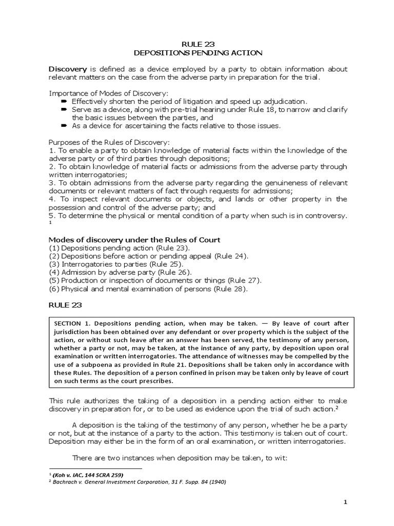 Rule 23: Depositions in Pending Actions | PDF | Deposition (Law ...