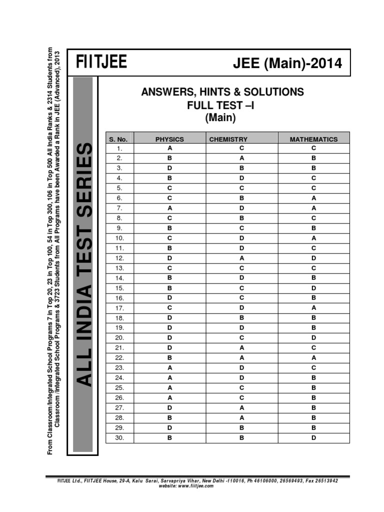 JEE Main Full Test I Answer PDF | PDF