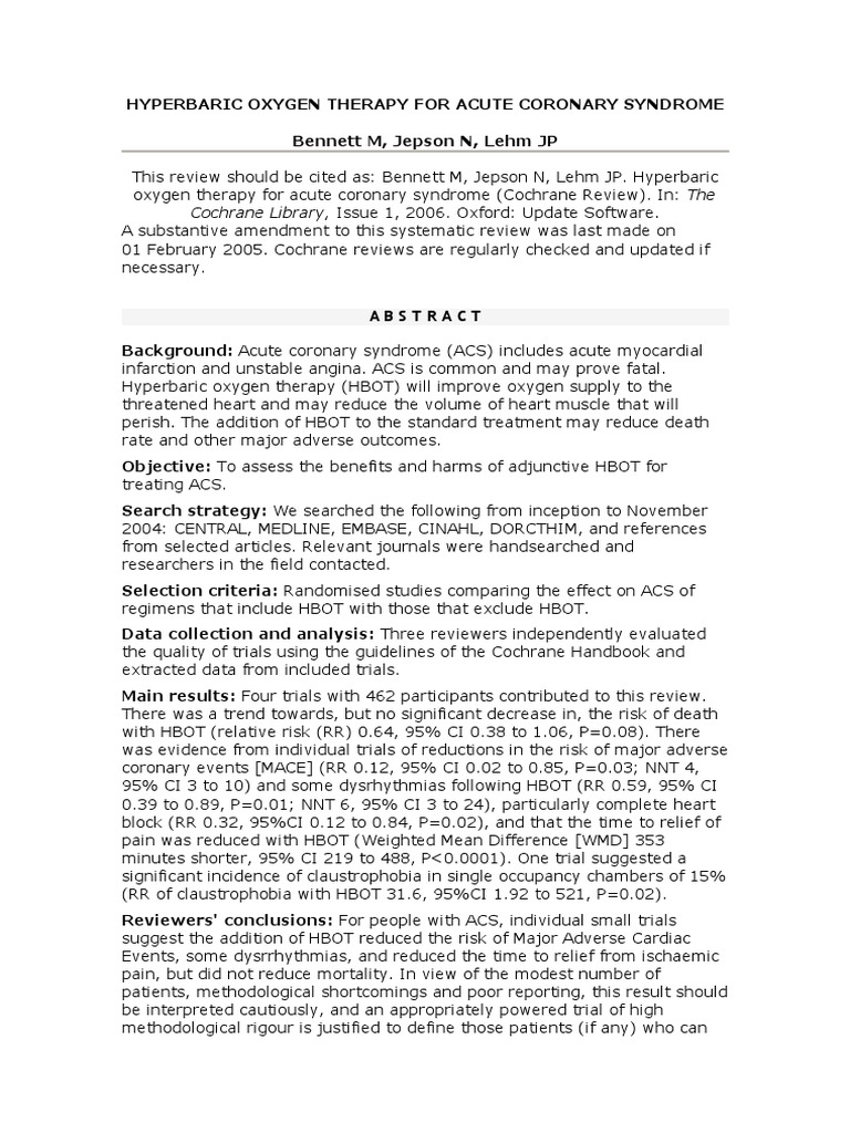 Hyperbaric Oxygen Therapy For Acute Coronary Syndrome | PDF | Atheroma ...