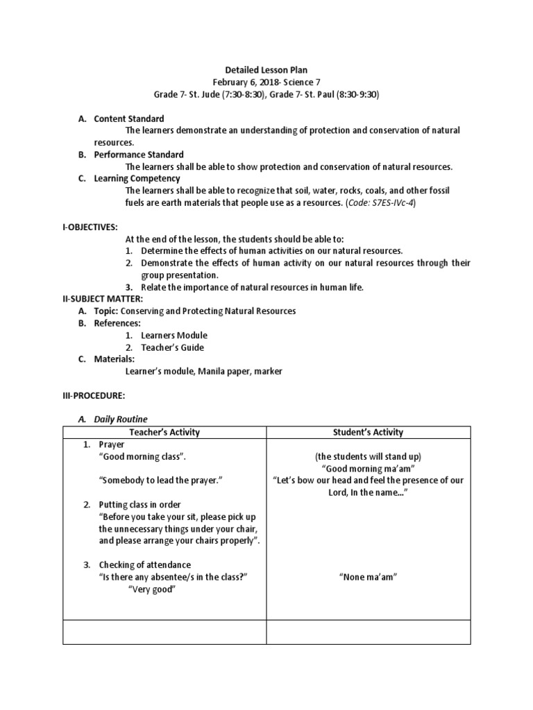 Lesson Plan for Natural Resources Grade 7 | PDF | Renewable Resources ...