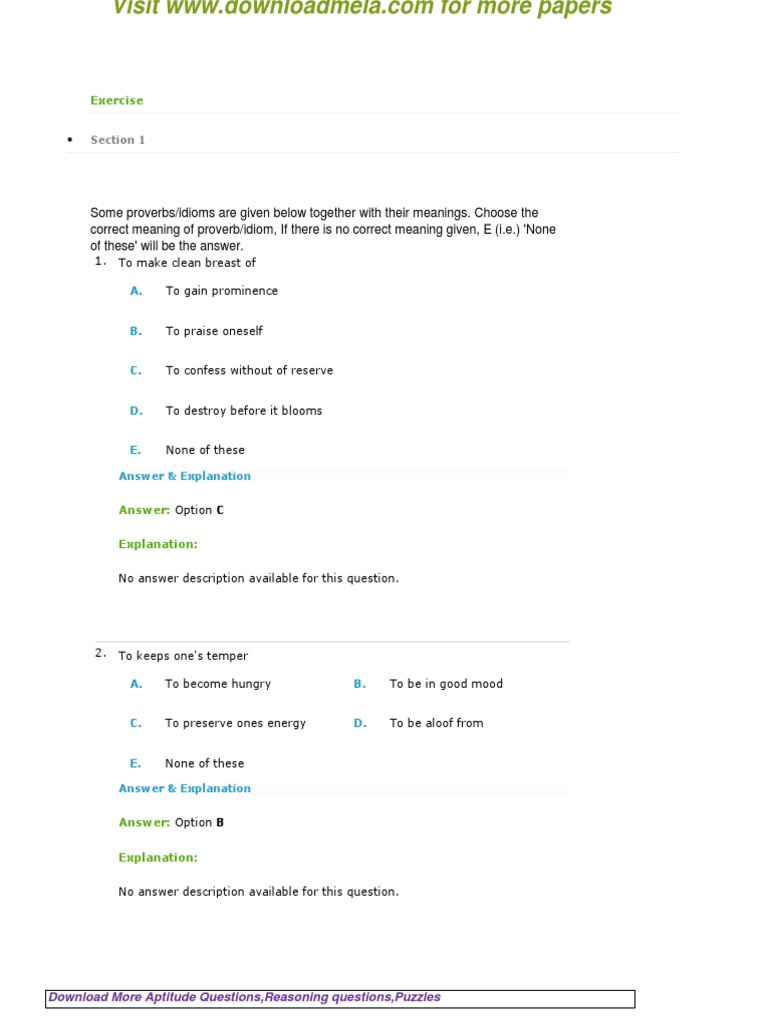 Idioms and Phrases Verbal Ability Questions and Answers PDF | PDF ...