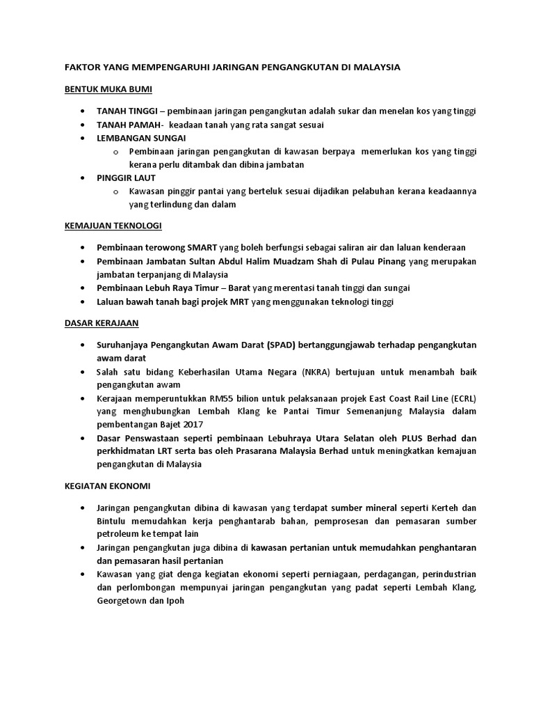 Faktor Yang Mempengaruhi Jaringan Pengangkutan Di Malaysia