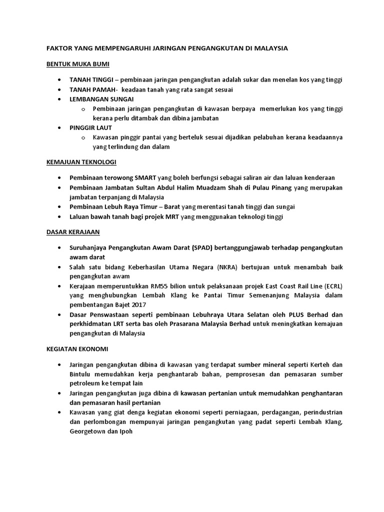 Faktor Yang Mempengaruhi Jaringan Pengangkutan Di Malaysia Pdf
