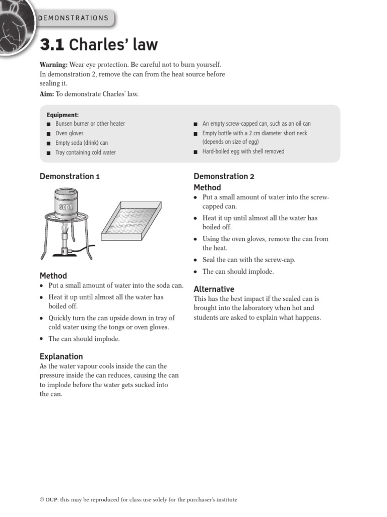 3 1 Charles Law Demonstration 1 Demonstration 2 Method Pdf Bottle