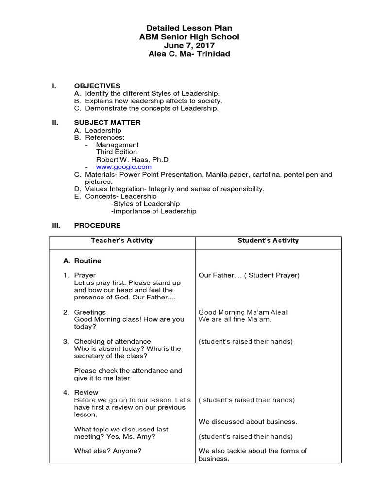 Exploring Leadership Styles A Detailed Lesson Plan on Identifying and