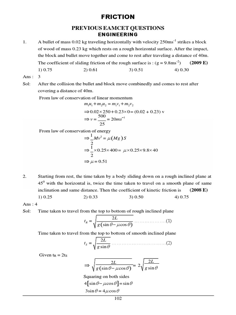Previous Eamcet Questions: Friction | PDF | Friction | Trigonometric ...