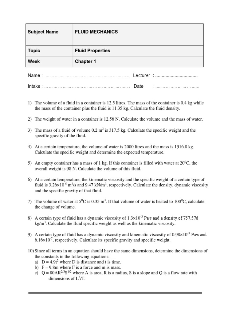 Tutorial 1 Fluid Properties Pdf