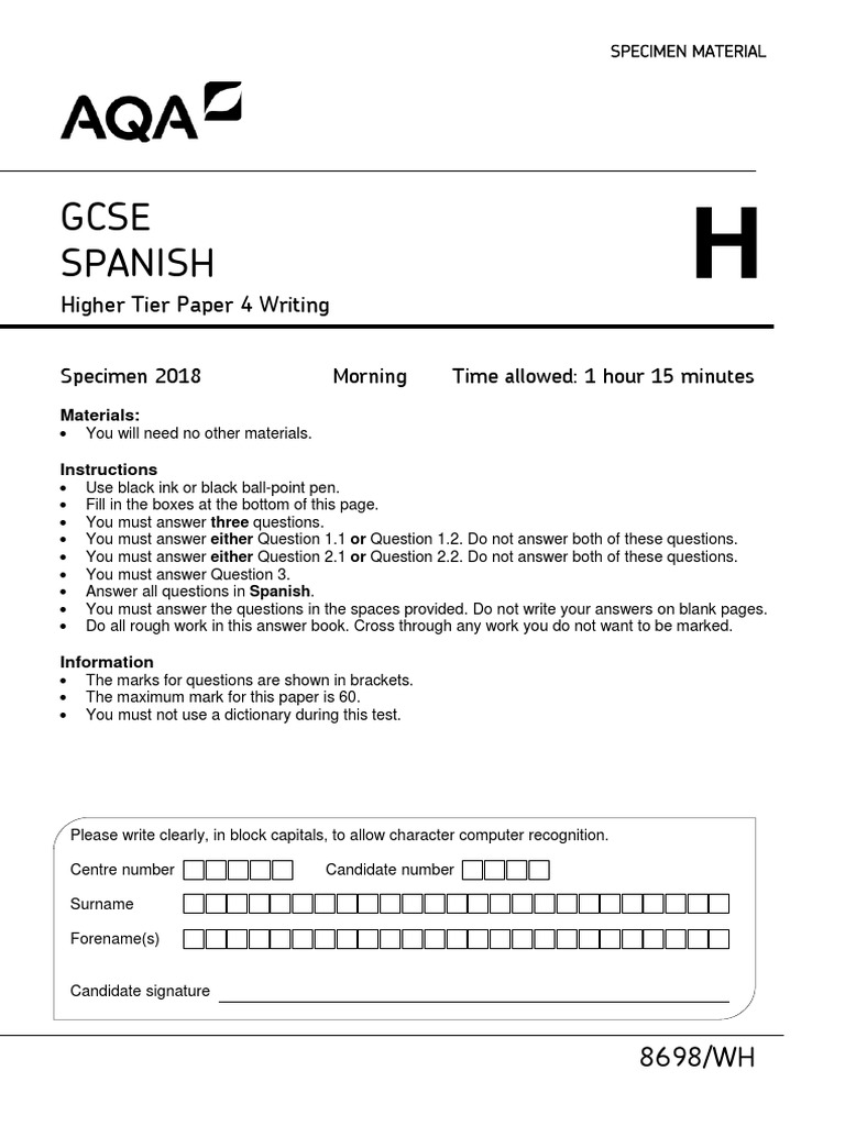 AQA Spanish Higher Writing Paper PDF Question Vocabulary